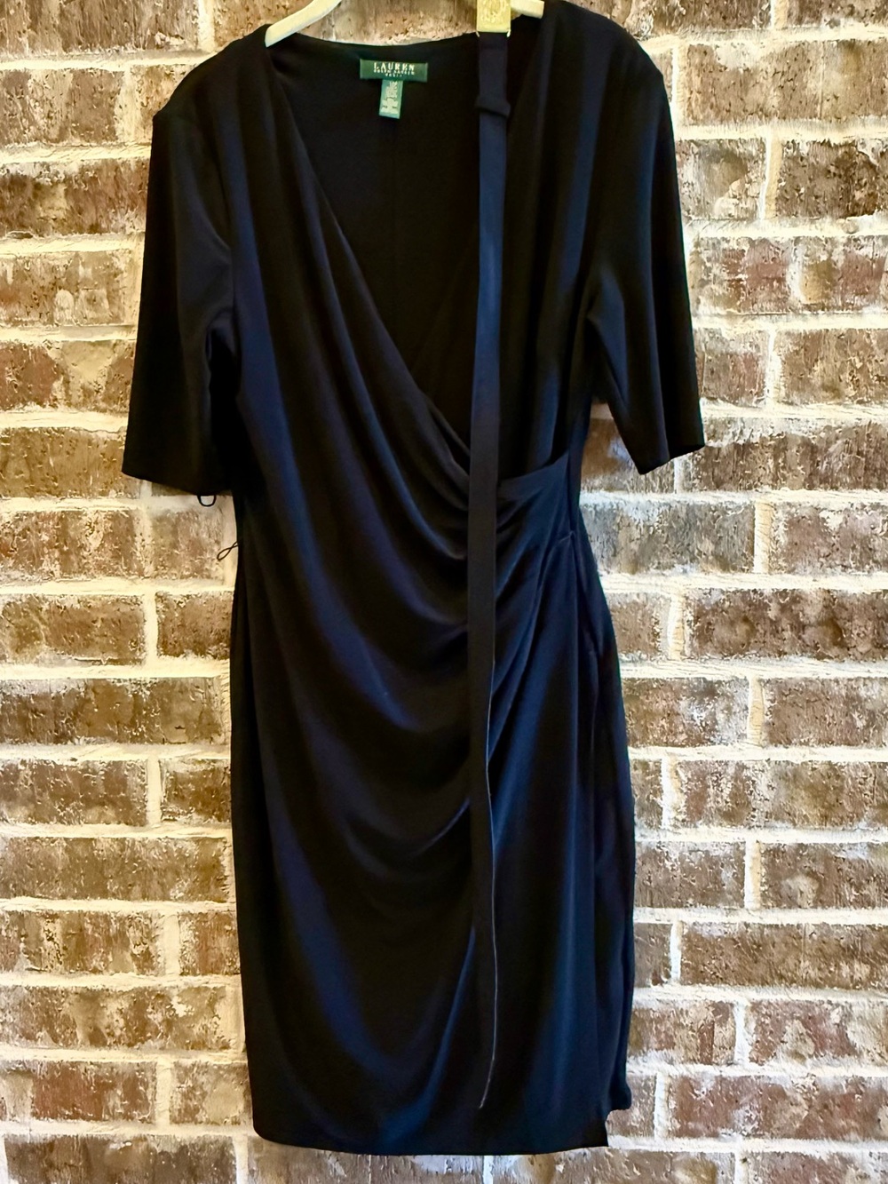 Classic Ralph Lauren Black Faux Wrap Belted Dress Ruched V-Neck 3/4 sleeve 12 P